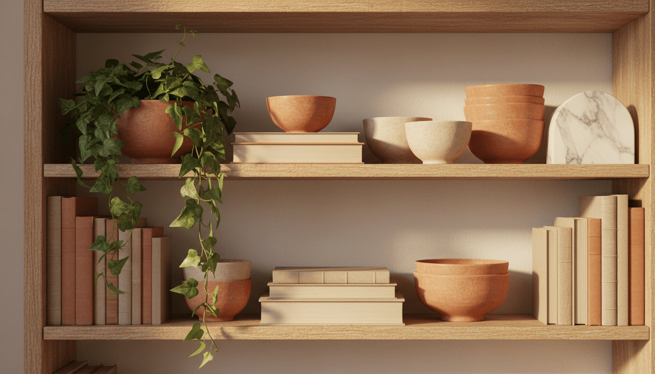 Détail d'une étagère grecque avec lierre et objets en marbre