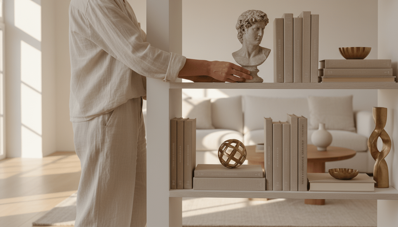 Personne installant un buste antique sur une étagère décorée