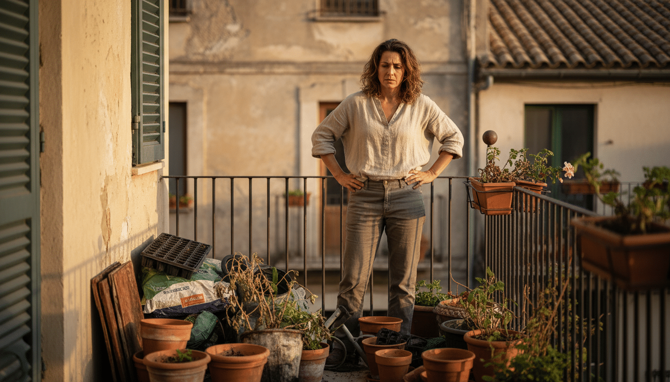 Femme sur un balcon avec des pots de fleurs dépareillés