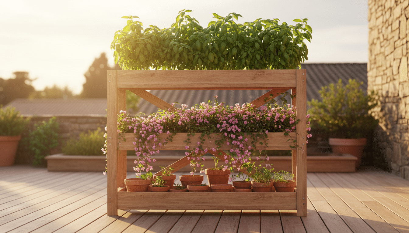 Étagère IKEA HEJNE transformée en jardinière végétale sur terrasse