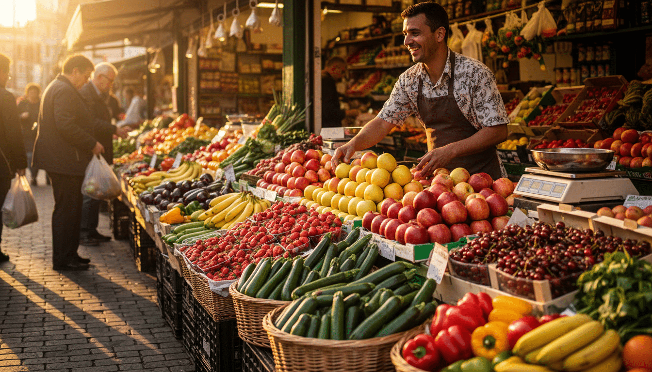 Étal de marché coloré rempli de fruits et légumes frais