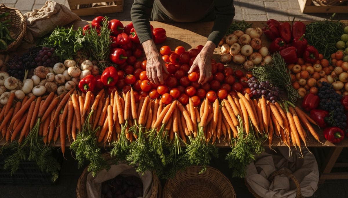 Étal de marché français avec tomates et carottes