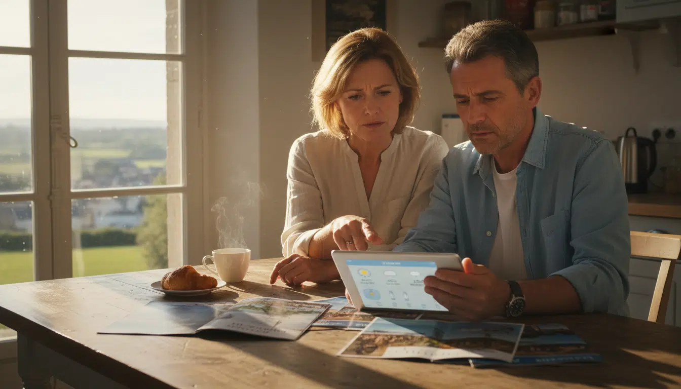 Couple inquiet consultant les prévisions météo été 2026