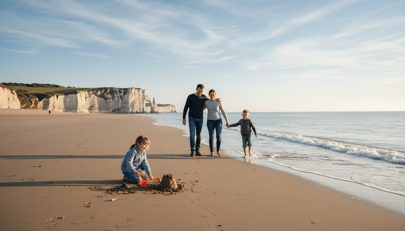 Famille profitant d'une plage calme en Normandie