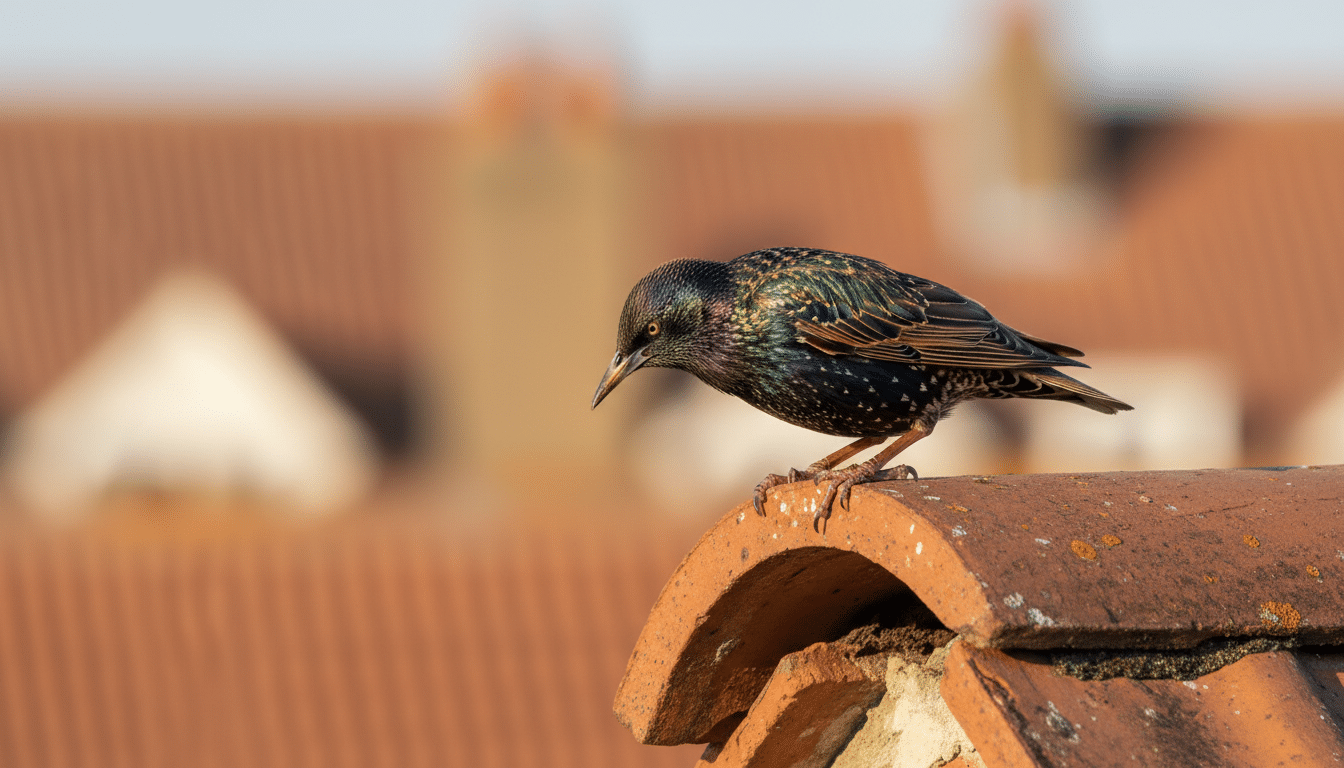 Étourneau sansonnet inspectant une cavité sous une tuile
