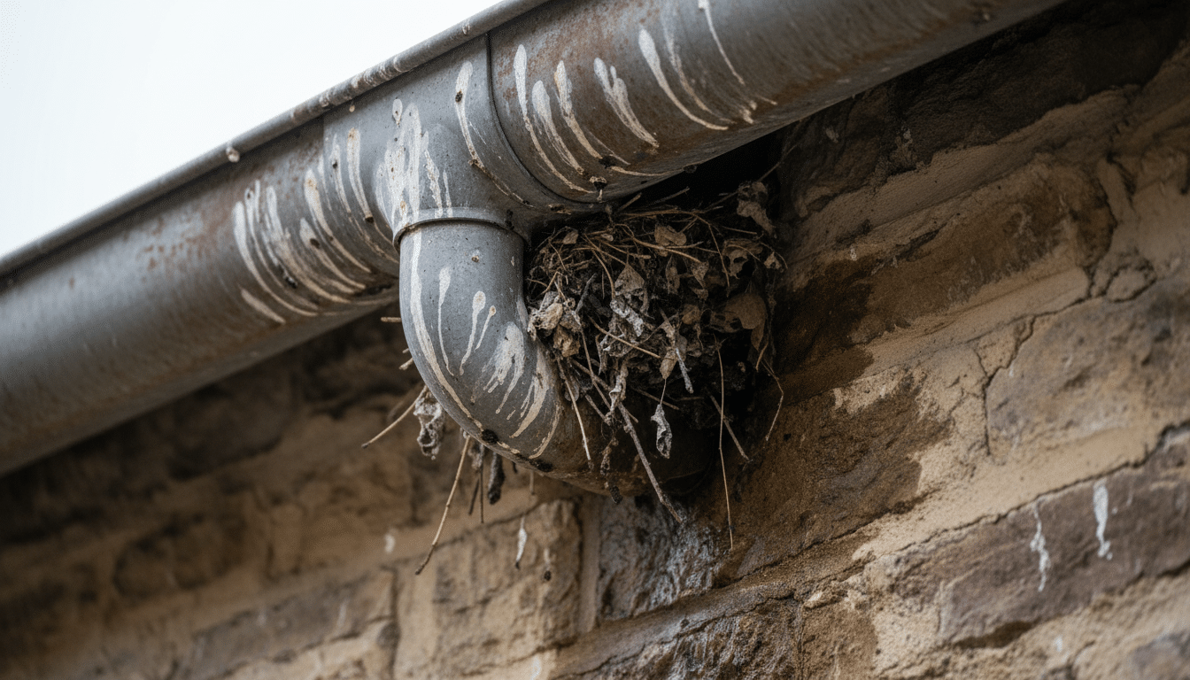 Gouttière en zinc obstruée par des fientes et débris de nid