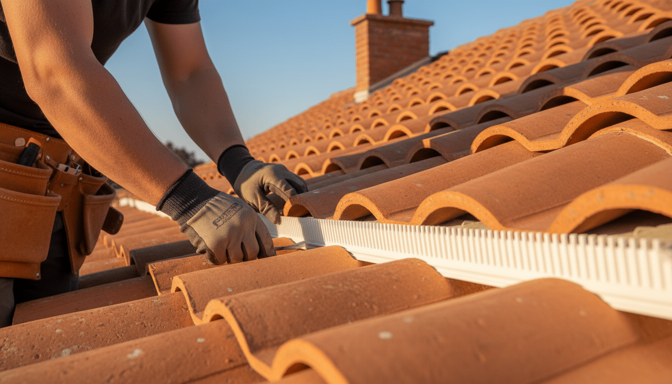 Couvreur installant un peigne anti-oiseaux sous les tuiles