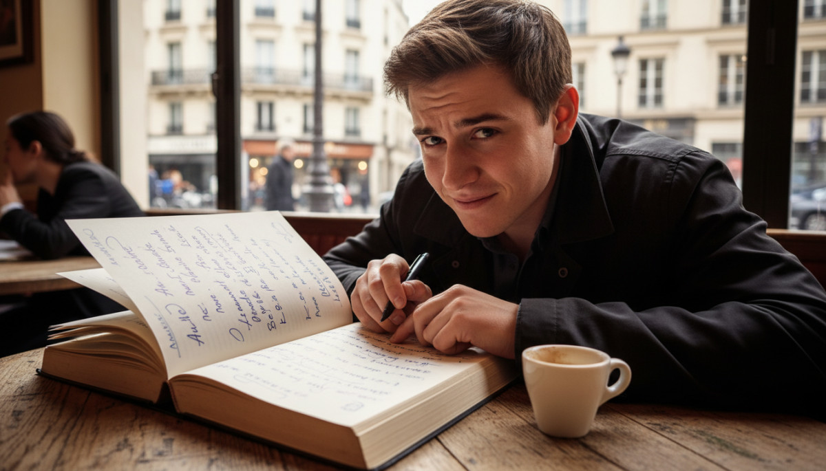 Étudiant étranger perplexe devant un manuel de formules de politesse françaises