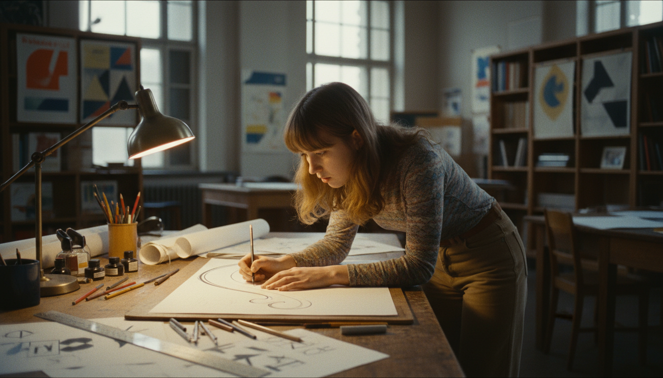 Étudiante en design dessinant un logo en 1971