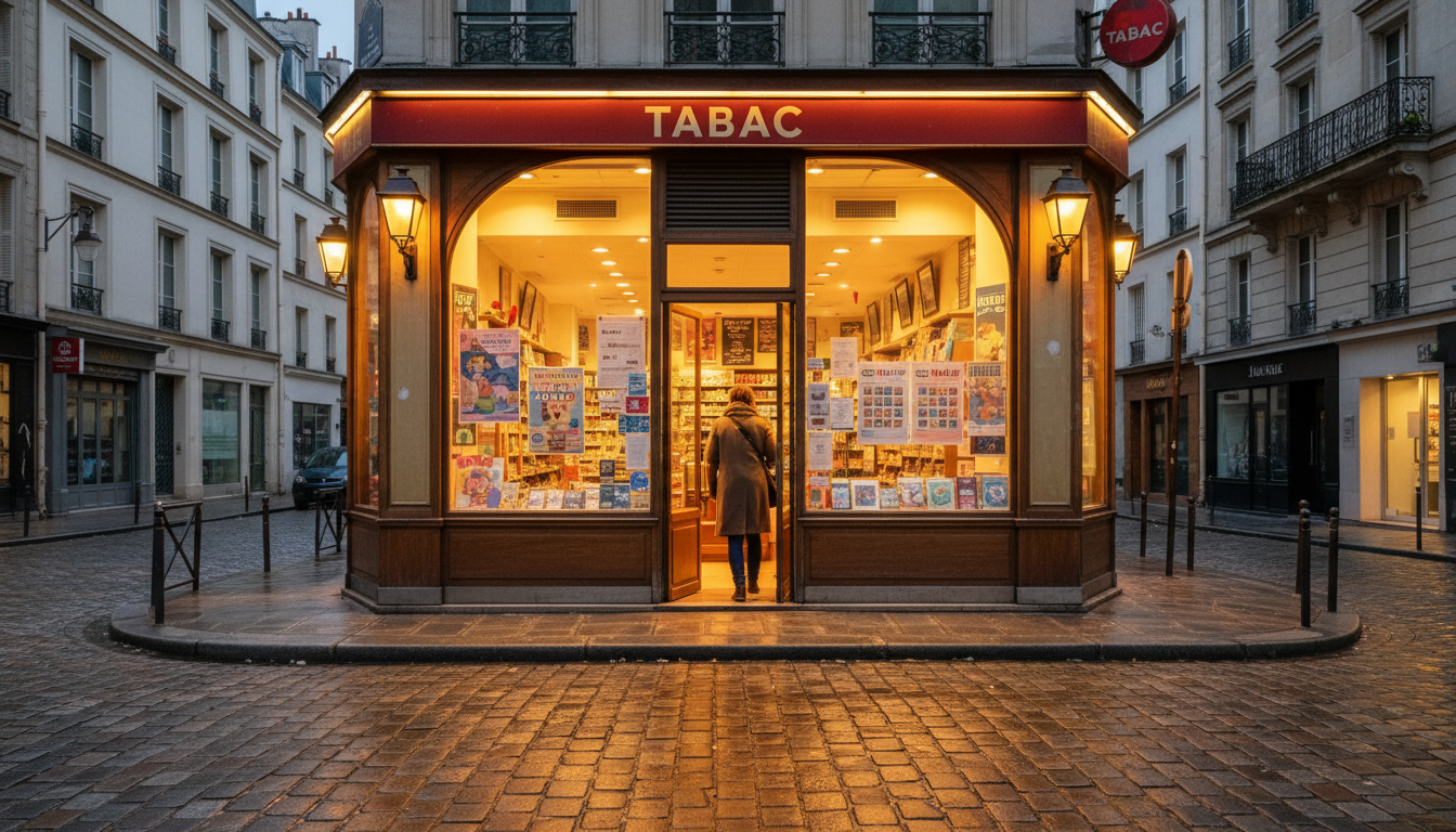 Bureau de tabac français à la tombée de la nuit