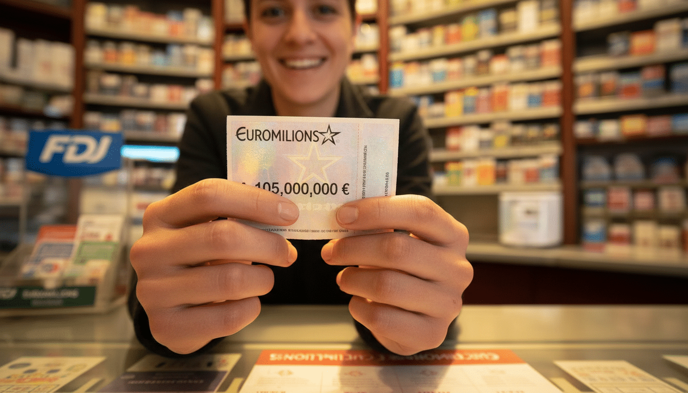 Mains tenant un ticket EuroMillions devant un point de vente FDJ