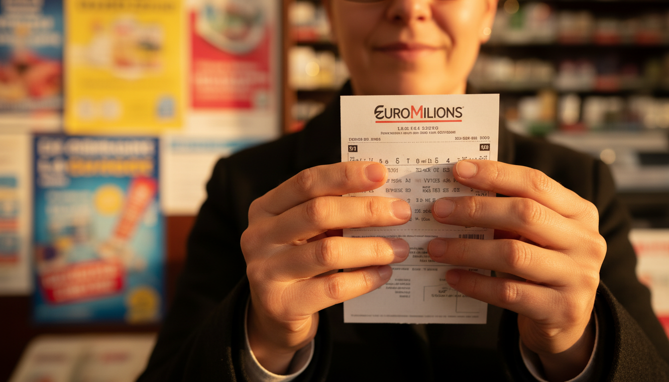 Mains tenant un ticket EuroMillions dans un bureau de tabac