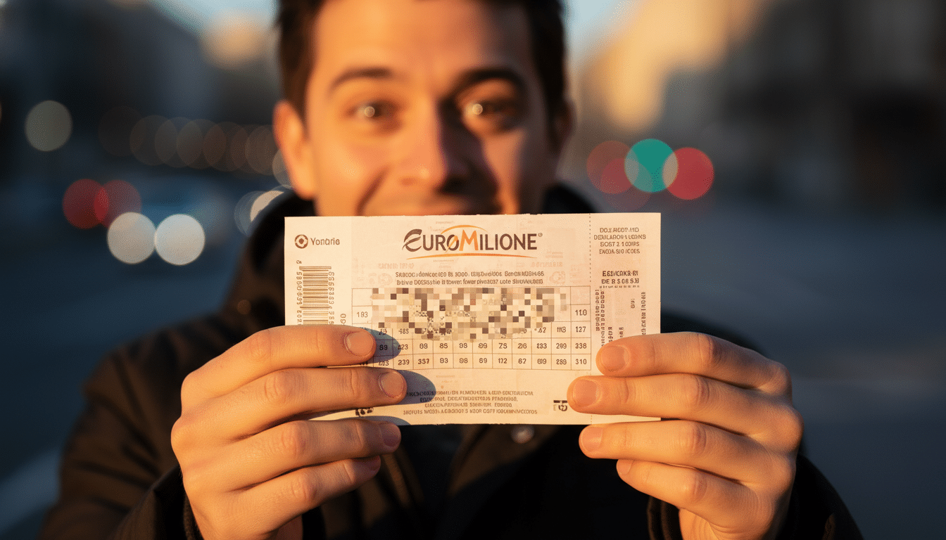 Personne tenant un ticket EuroMillions en lumière dorée