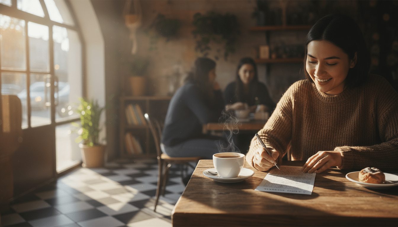 Personne remplissant une grille de loterie dans un café