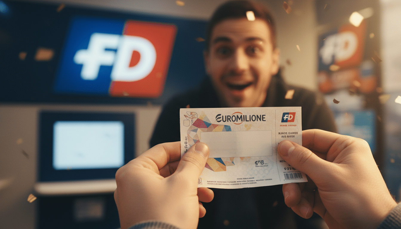 Mains tenant un ticket EuroMillions devant un comptoir FDJ