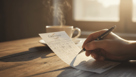 Main remplissant une grille EuroMillions avec un stylo