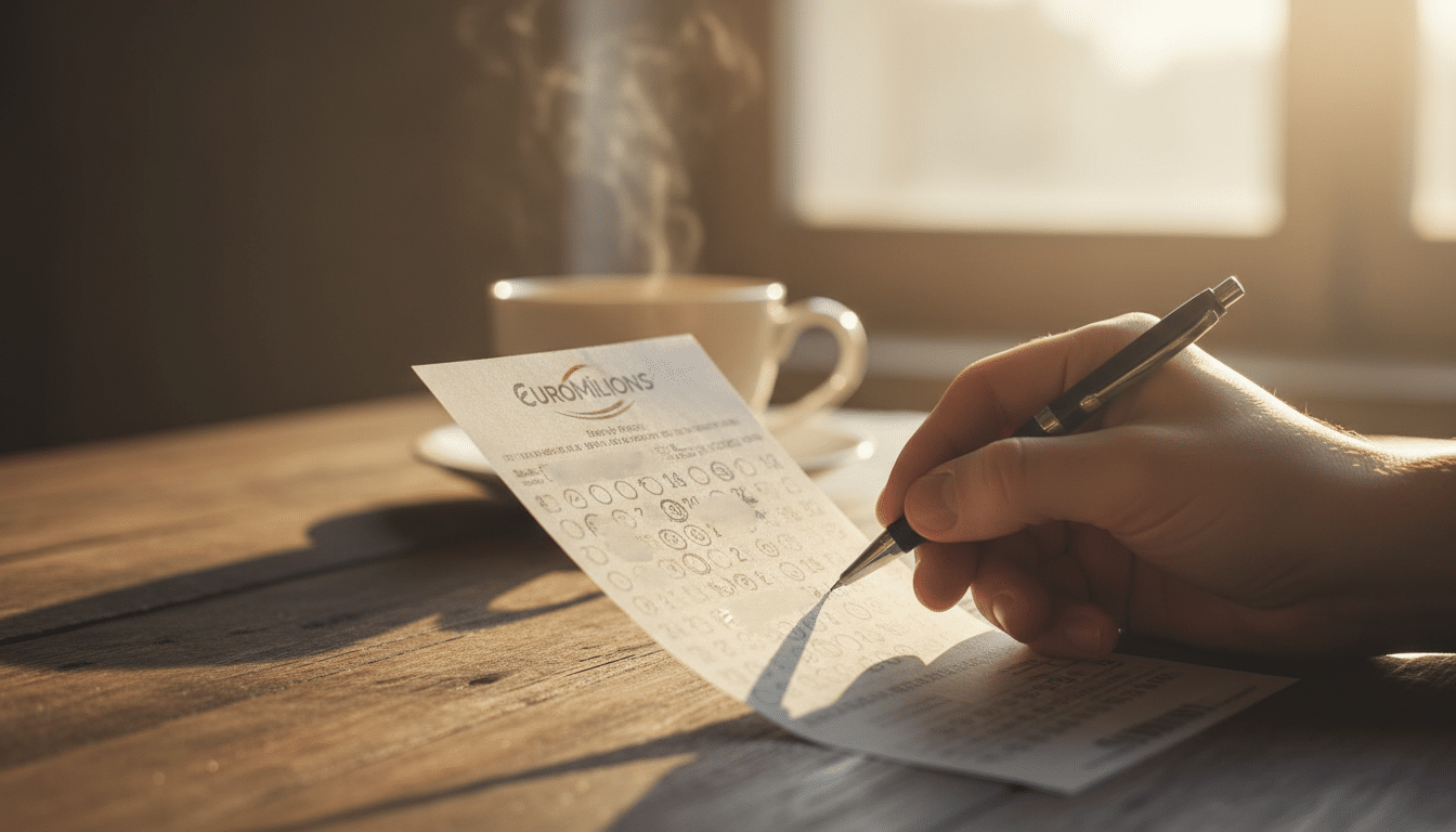 Main remplissant une grille EuroMillions avec un stylo