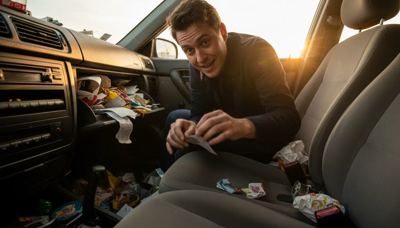 Personne cherchant un ticket de loterie dans un vide-poche