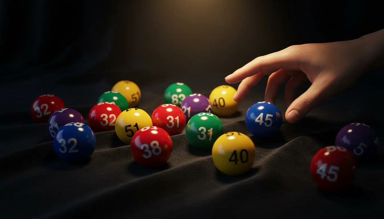 Boules de loterie colorées éclairées par une lumière dorée