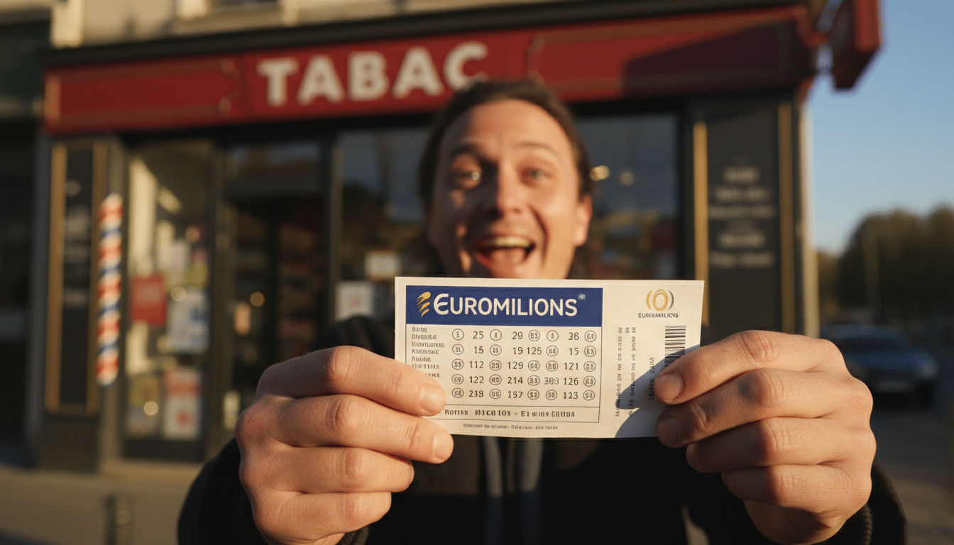 Mains tenant un ticket EuroMillions devant un bureau de tabac