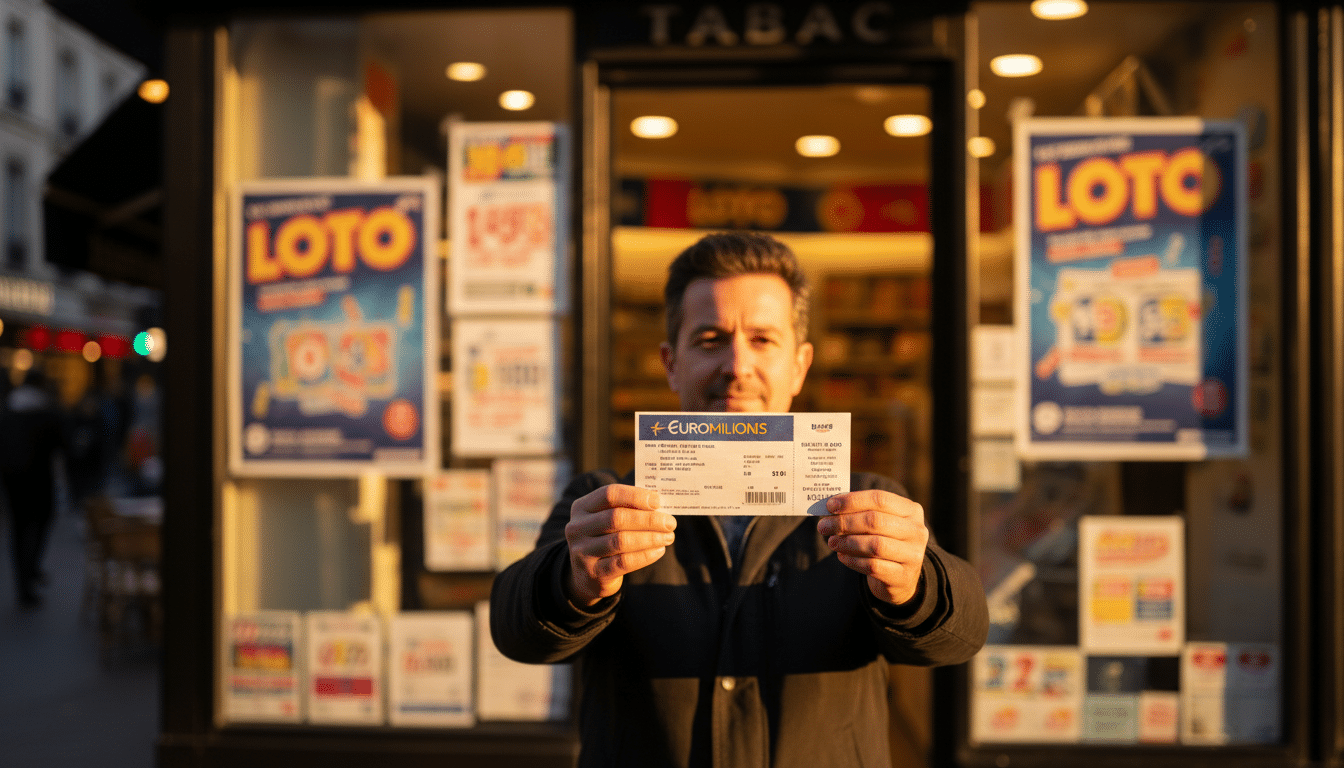 Personne tenant un ticket EuroMillions sous une lumière dorée