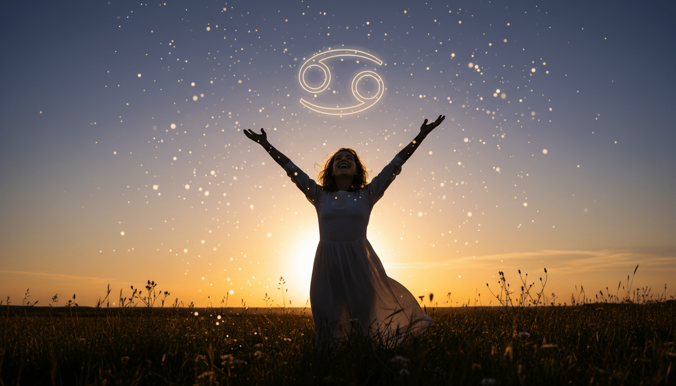 Personne célébrant sous un ciel doré avec constellation du Cancer