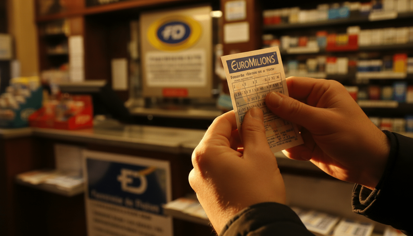 Mains tenant un ticket EuroMillions dans un bureau de tabac