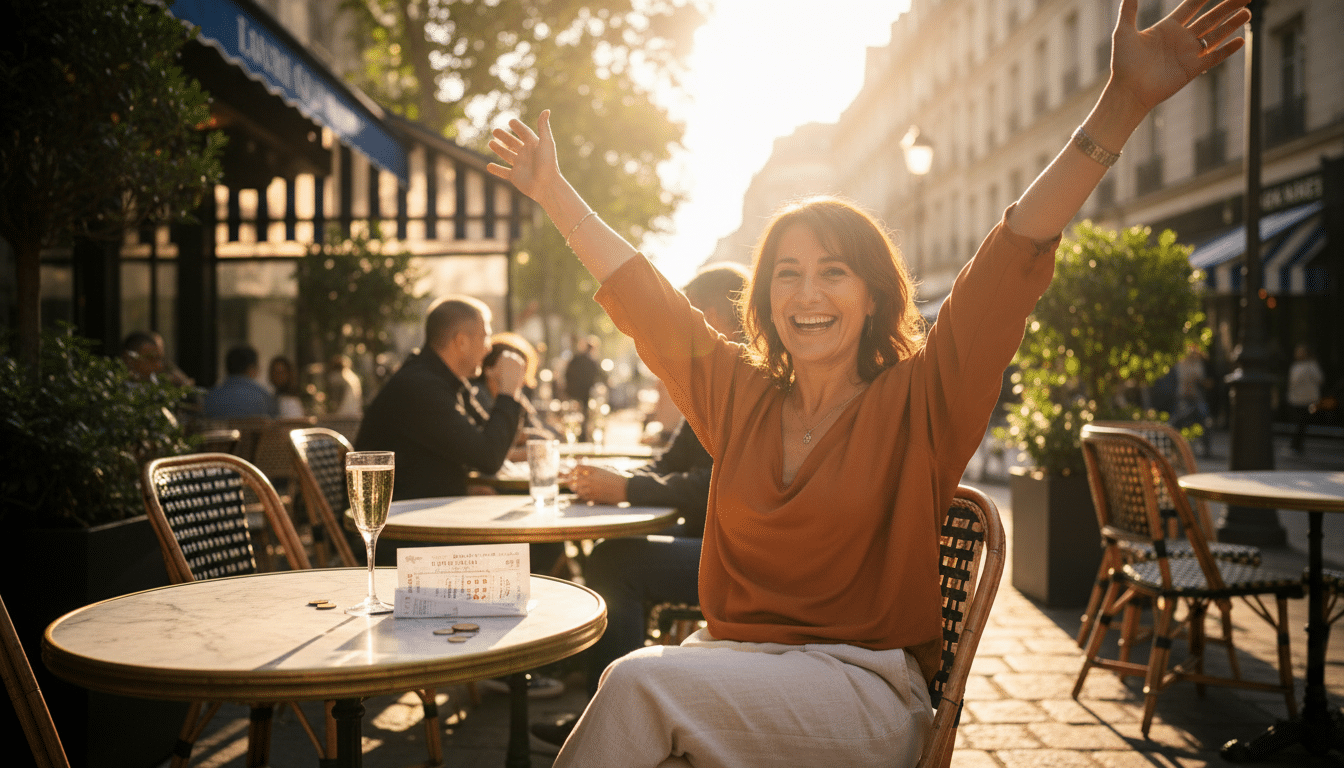 Personne célébrant un gain à la loterie en terrasse