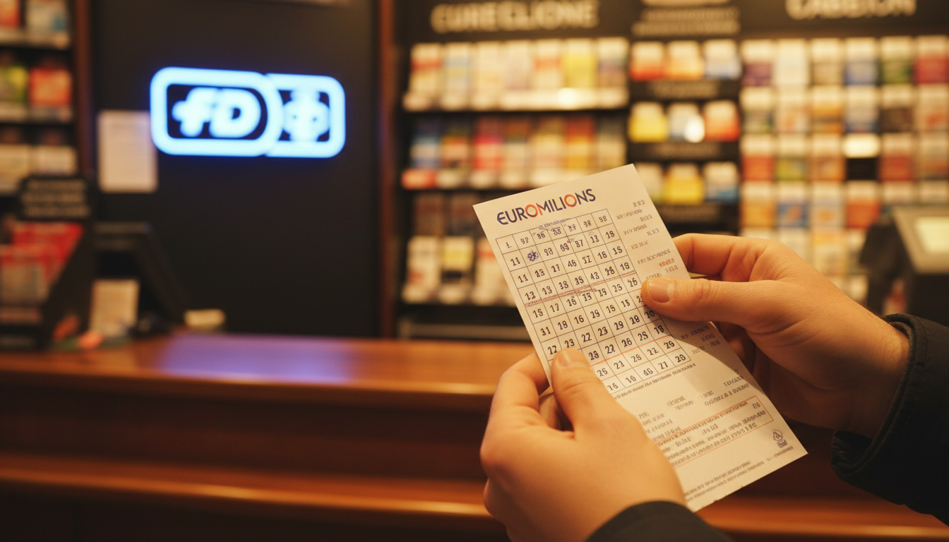 Main tenant un ticket EuroMillions dans un bureau de tabac