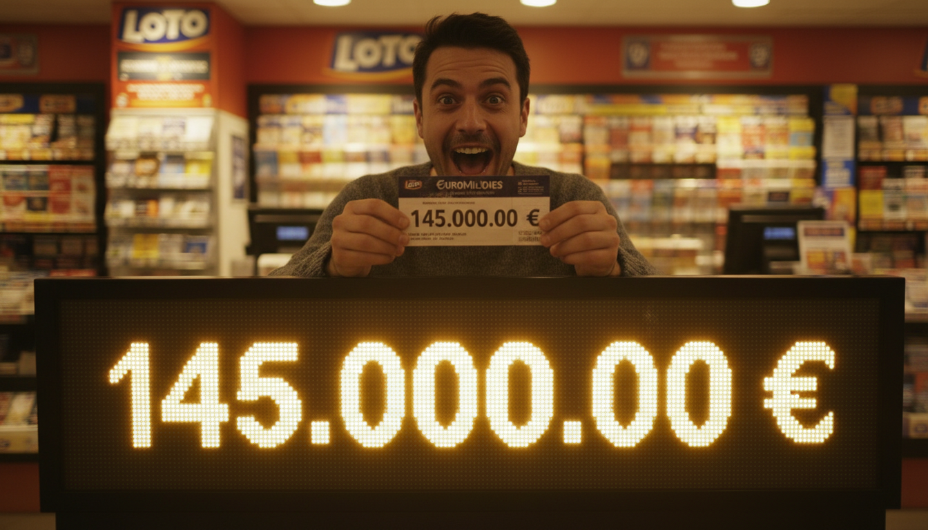 Ticket EuroMillions devant un écran affichant 145 millions