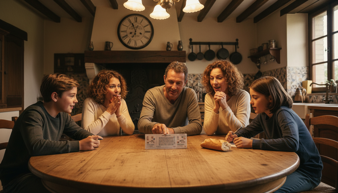Famille réunie autour d'un ticket de loterie