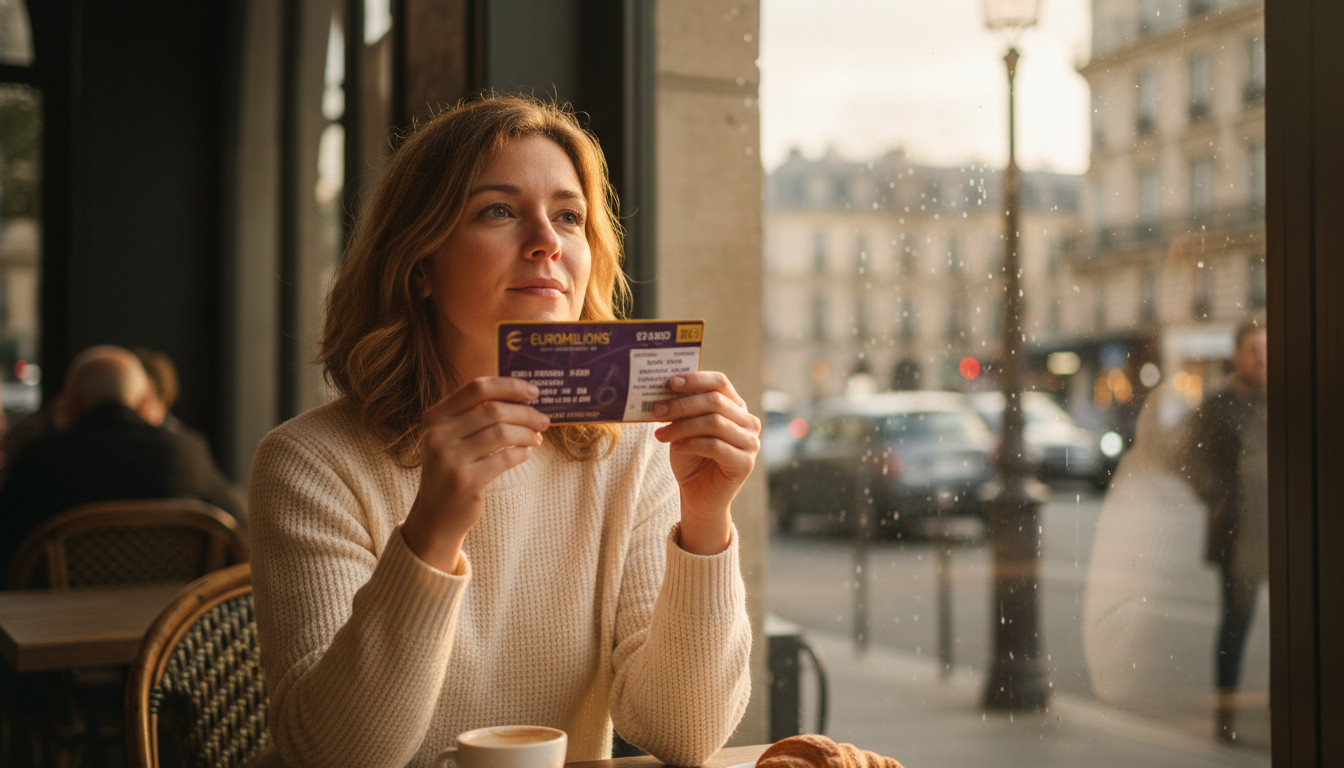 Personne tenant un ticket EuroMillions dans une lumière dorée