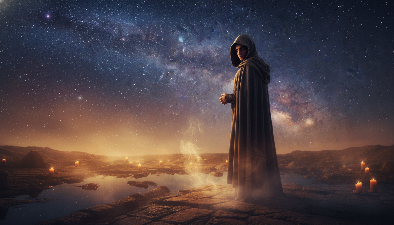 Silhouette mystérieuse sous un ciel étoilé ambiance intuition