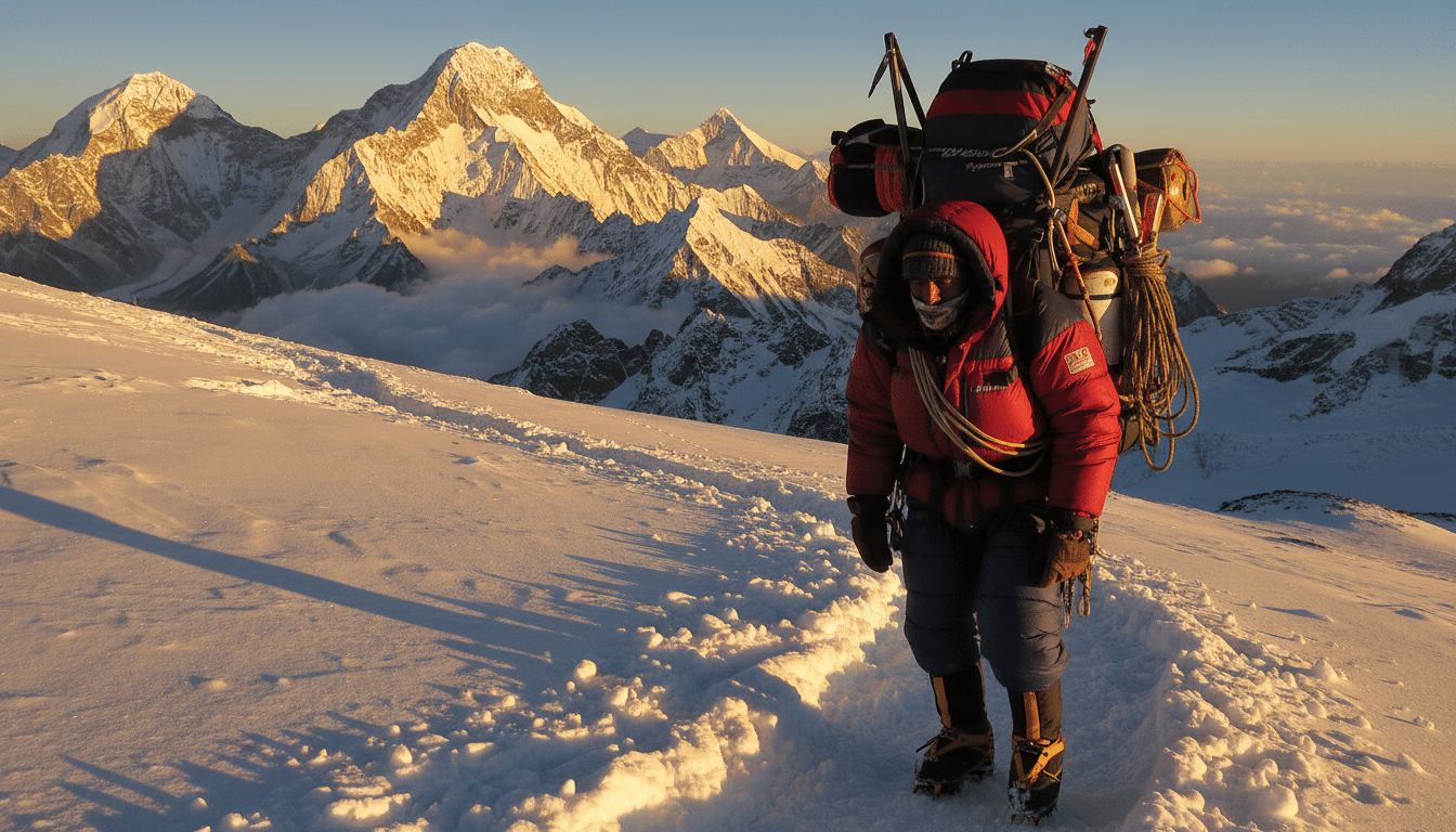 Sherpa portant du matériel sur l'Everest