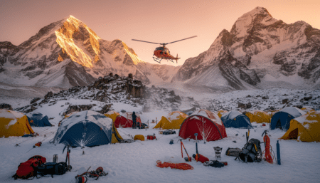 Hélicoptère de secours au camp de base de l'Everest