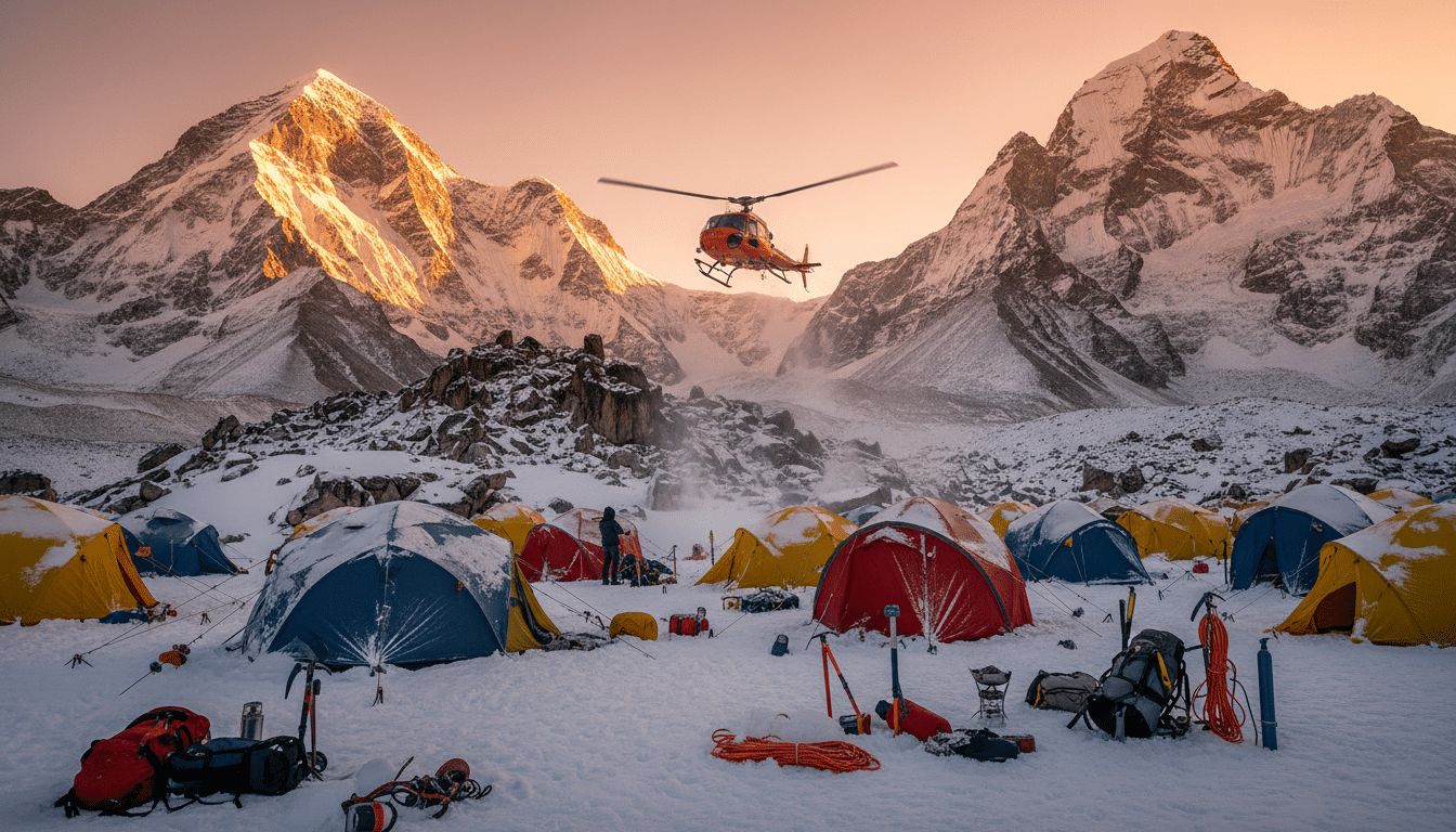 Hélicoptère de secours au camp de base de l'Everest