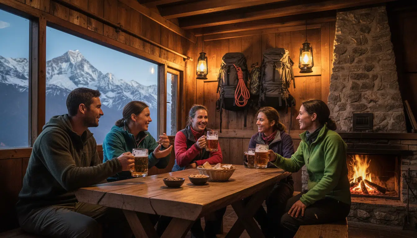Touristes buvant des bières dans un lodge himalayen