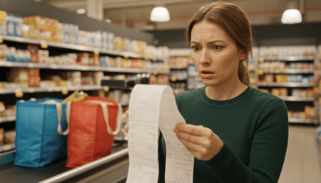 Femme surprise en vérifiant son ticket de caisse chez Lidl