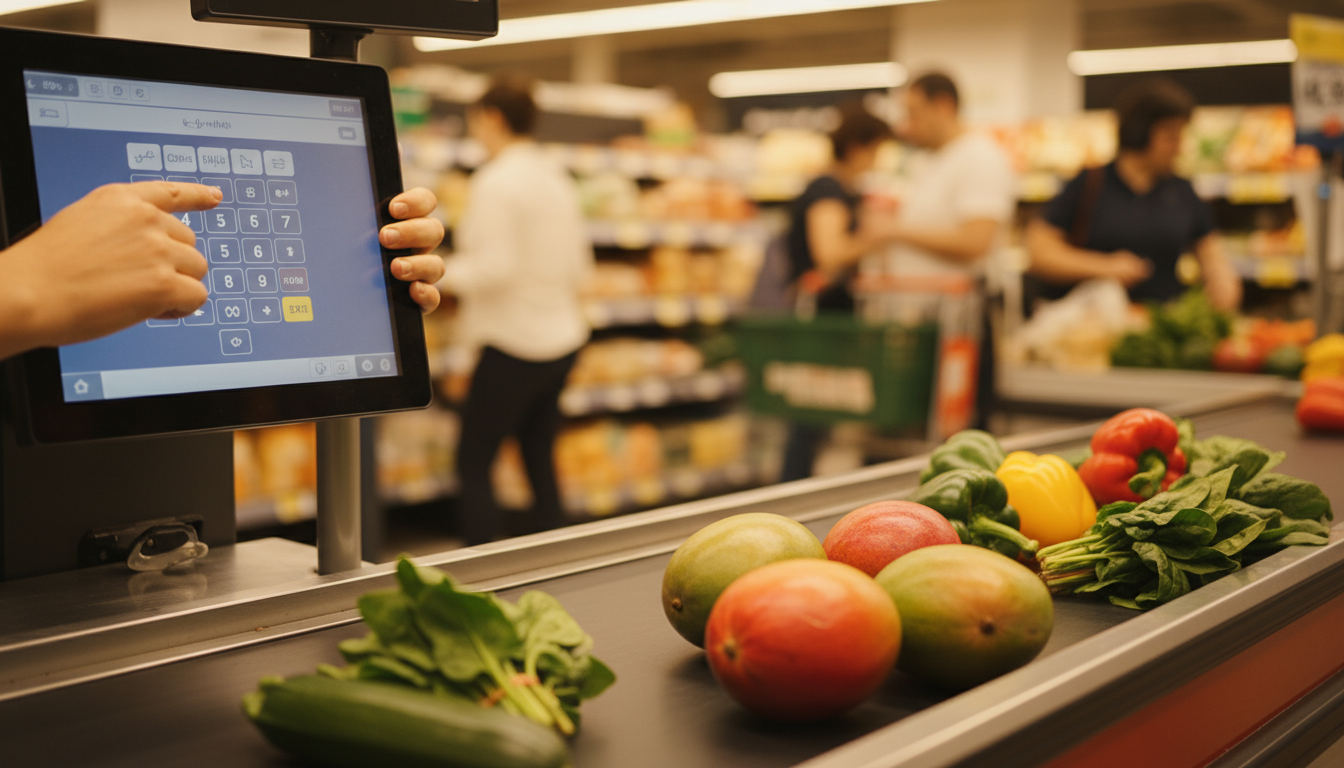 Caissier tapant un code produit sur écran tactile en caisse