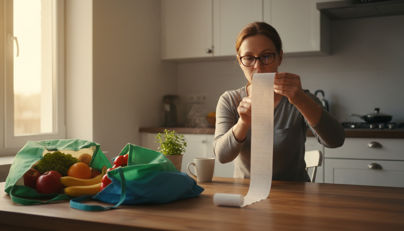 Personne vérifiant un ticket de caisse après ses courses