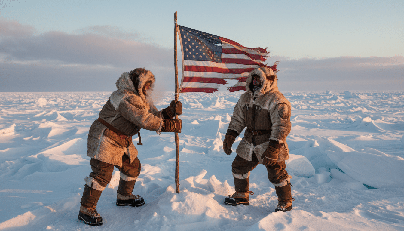 Explorateurs arctiques plantant un drapeau au pôle Nord