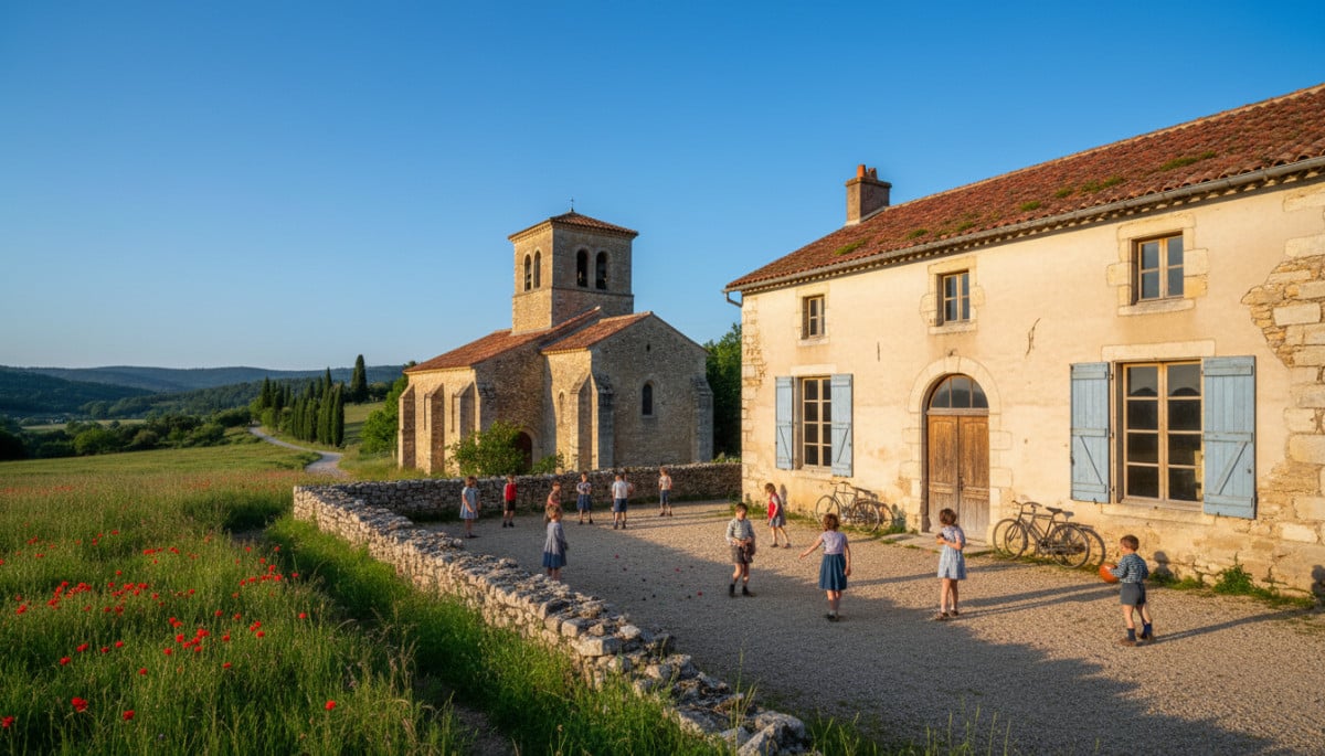 Extérieur d'une petite école de village française typique, années 70.