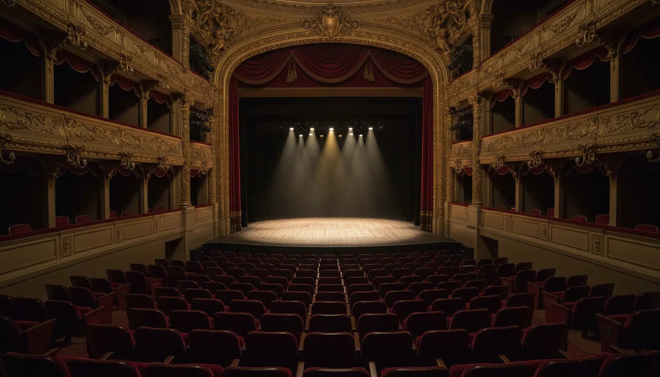Scène de théâtre parisien vide sous des projecteurs dorés, fauteuils en velours rouge et balcons dorés dans une atmosphère dramatique