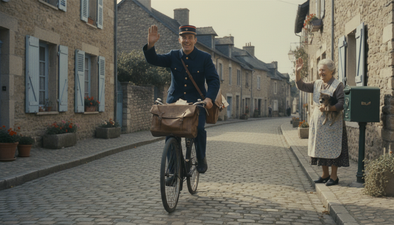 Facteur français traditionnel à vélo dans un village.