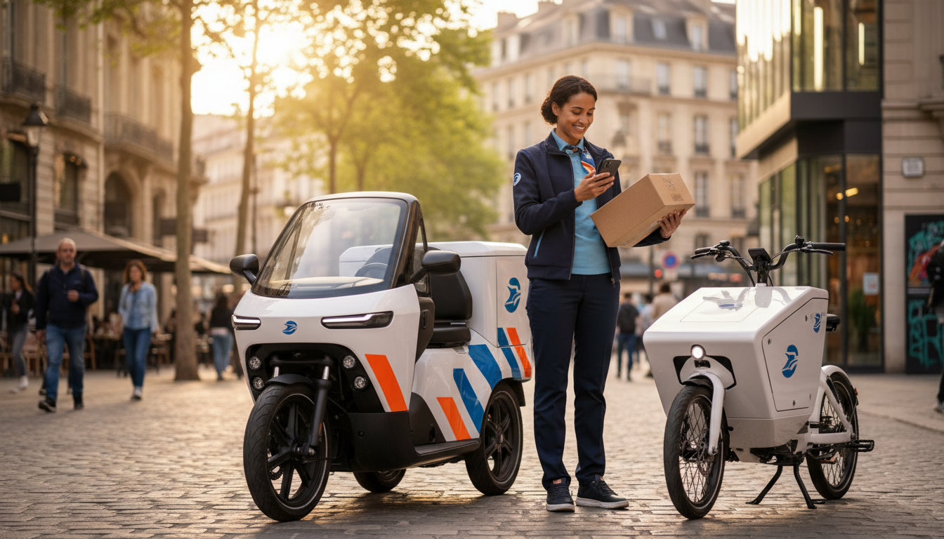 Factrice moderne utilisant un smartphone pour livrer des colis.