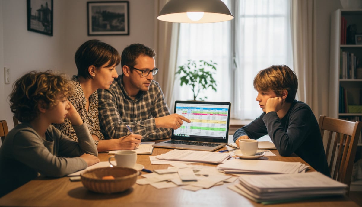Famille autour d'une table avec factures et budget mensuel