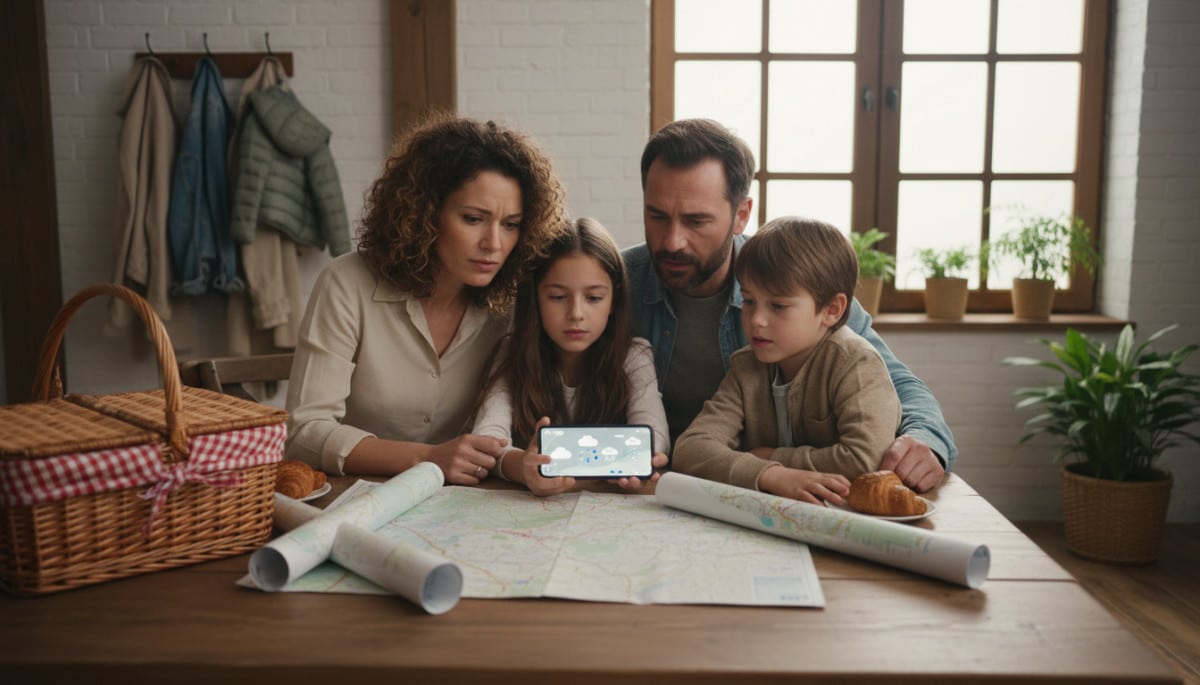 Famille consultant la météo sur smartphone avant un week-end