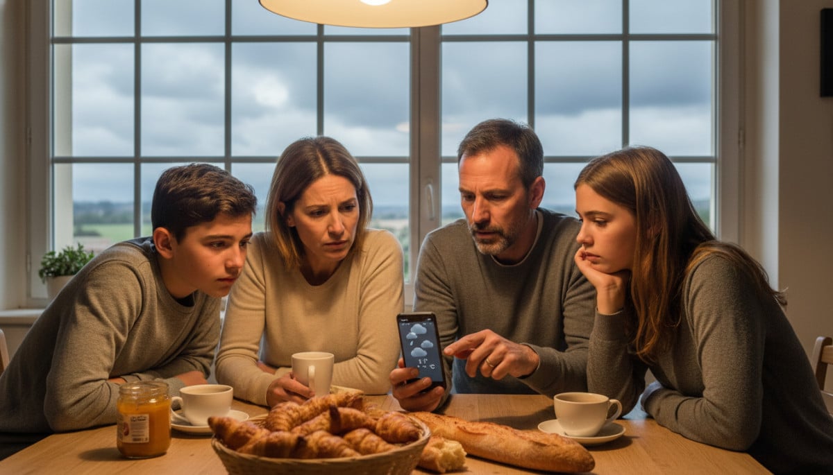 Famille consultant météo sur smartphone à la cuisine