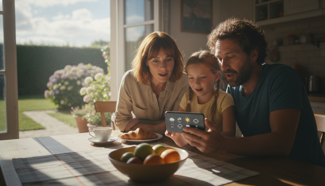 Famille consulte météo du week-end sur smartphone