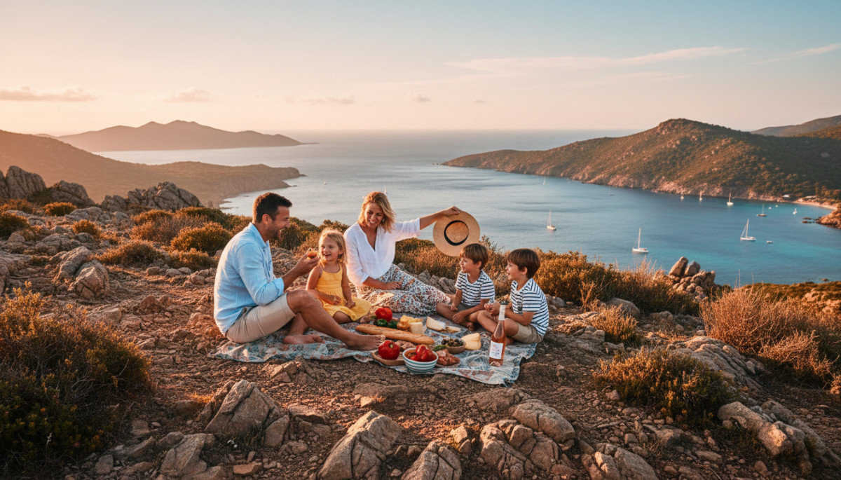 Famille en pique-nique ensoleillé sur un sommet corse